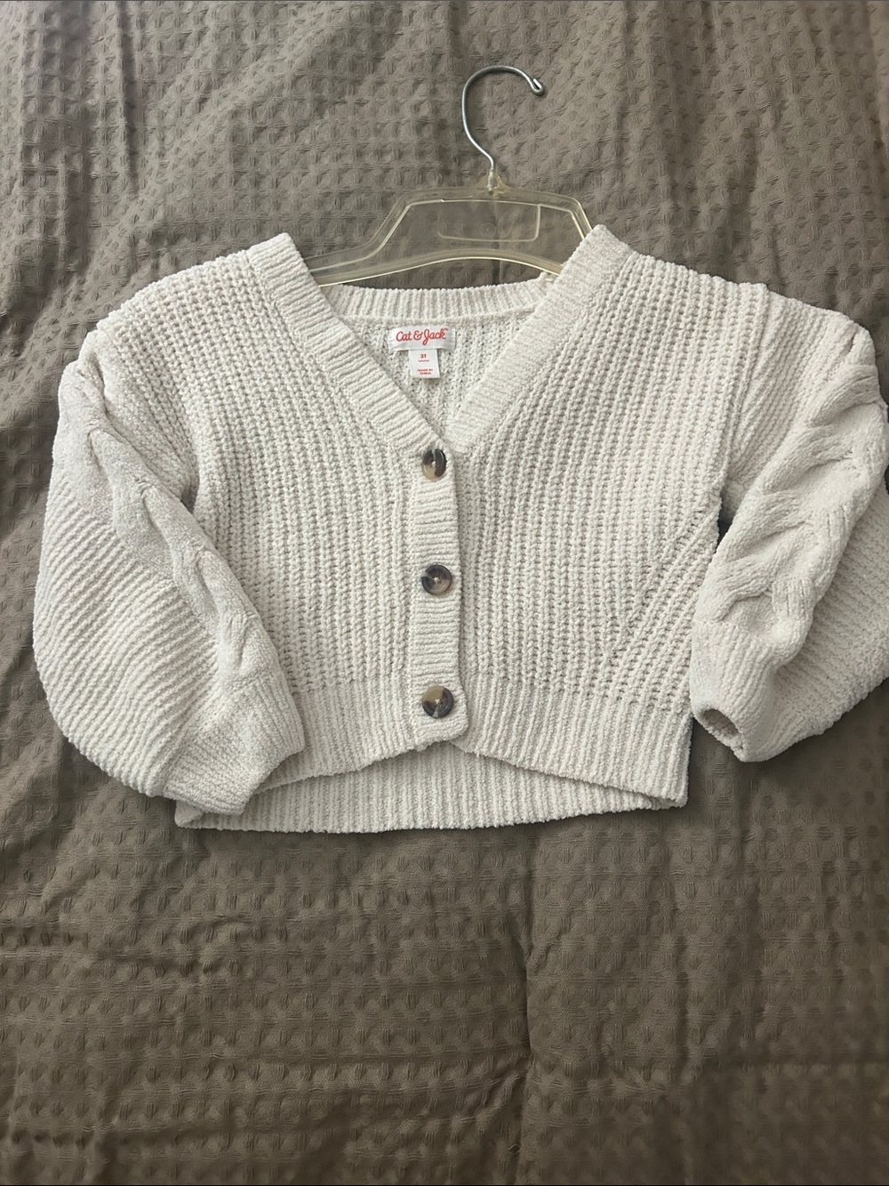 Cat & Jack Cream Cropped Knit Cardigan with Puff Cable Sleeves